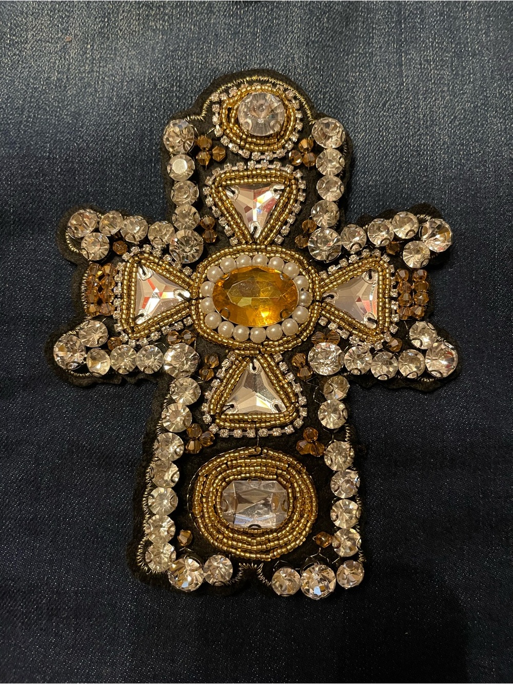 Embellished Cross Brooch Pin in Gold and Clear Crystals
